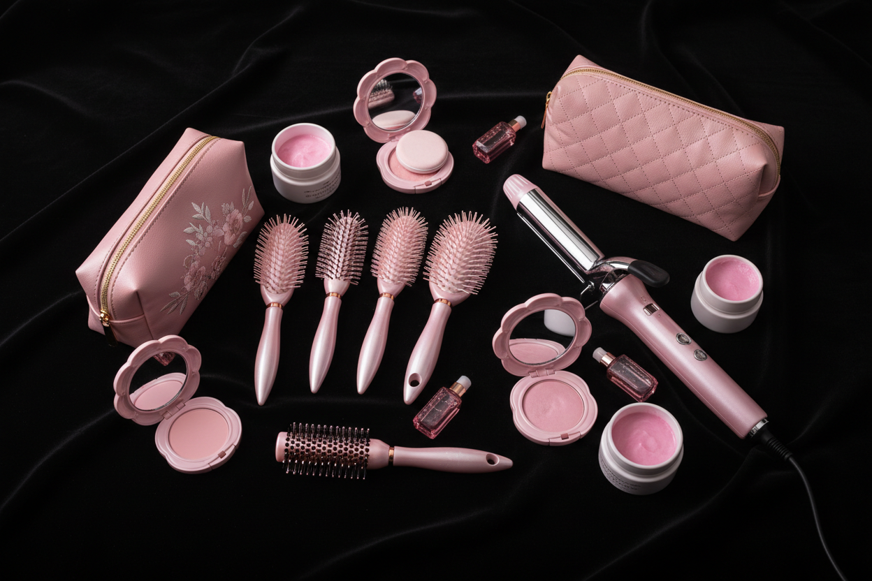 Pink beauty accessories on black background